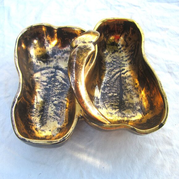 VTG STANGL POTTERY BLACK & GOLD DIVIDED CERAMIC DBL PEAR DISH - Picture 1 of 6